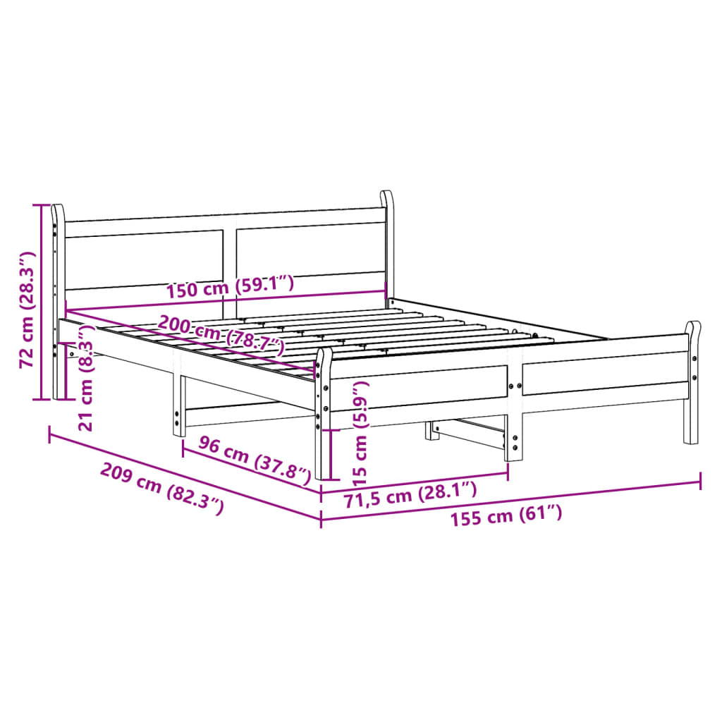 Sängram utan madrass 150x200 cm massiv furu