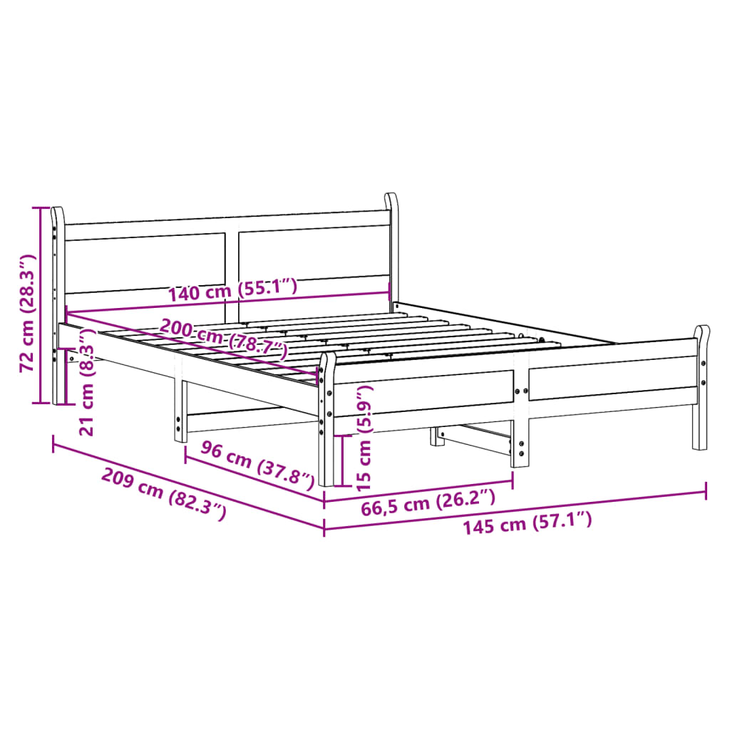 Sängram utan madrass vit 140x200 cm massiv furu