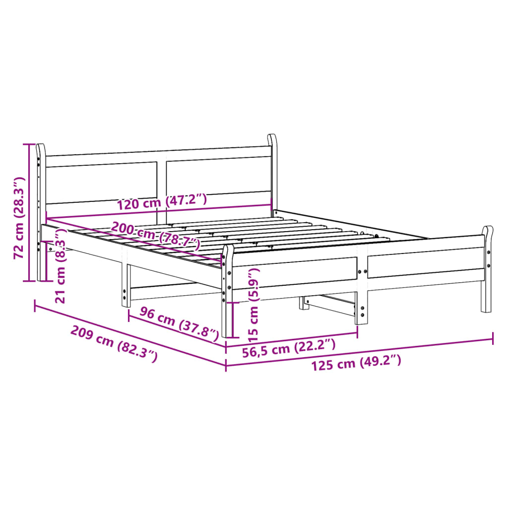 Sängram utan madrass vit 120x200 cm massiv furu