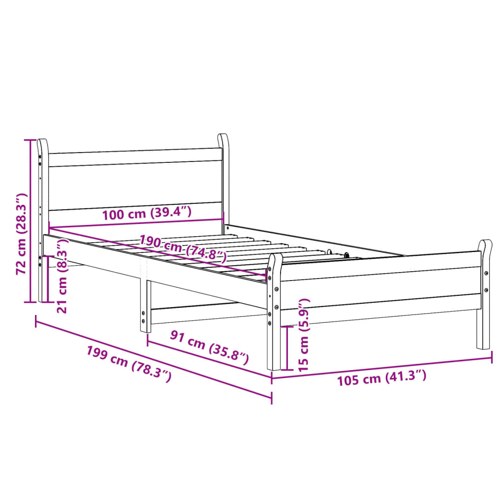 Sängram utan madrass vit 100x200 cm massiv furu