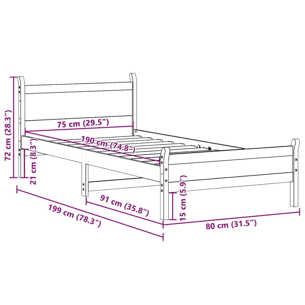 Sängram utan madrass vaxbrun 75x190 cm massiv furu