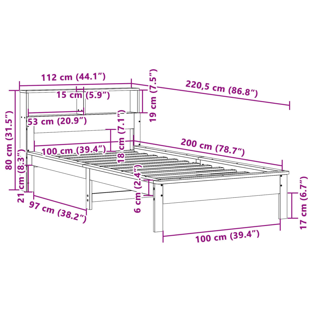 Säng med bokhylla utan madrass 100x200cm massiv furu