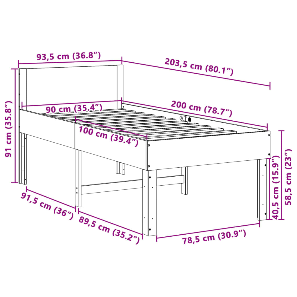 Sängram utan madrass vaxad brun 90x200 cm massiv furu