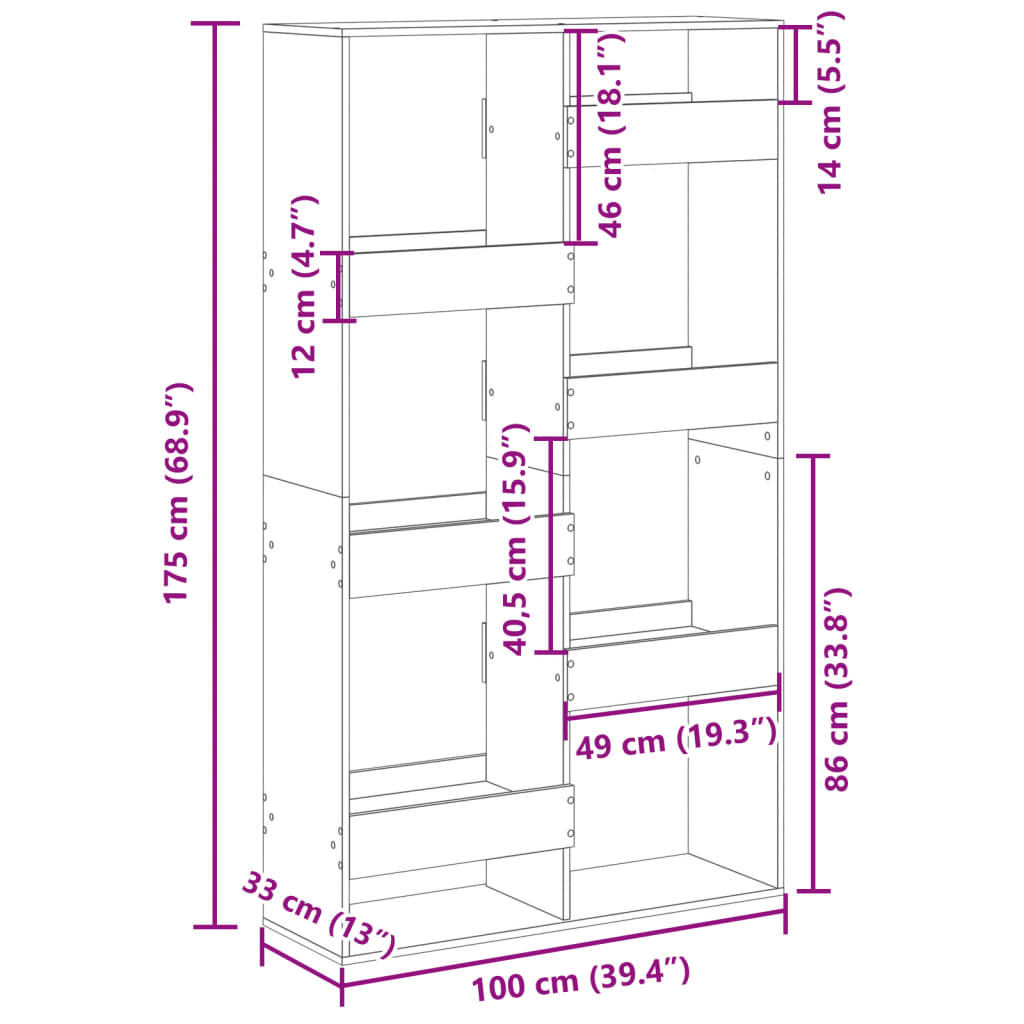 Bokhylla sonoma-ek 100x33x175 cm konstruerat trä