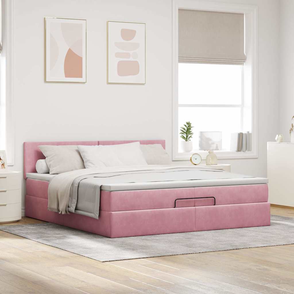 Ottoman sängram med madrass rosa 200x200 cm sammet