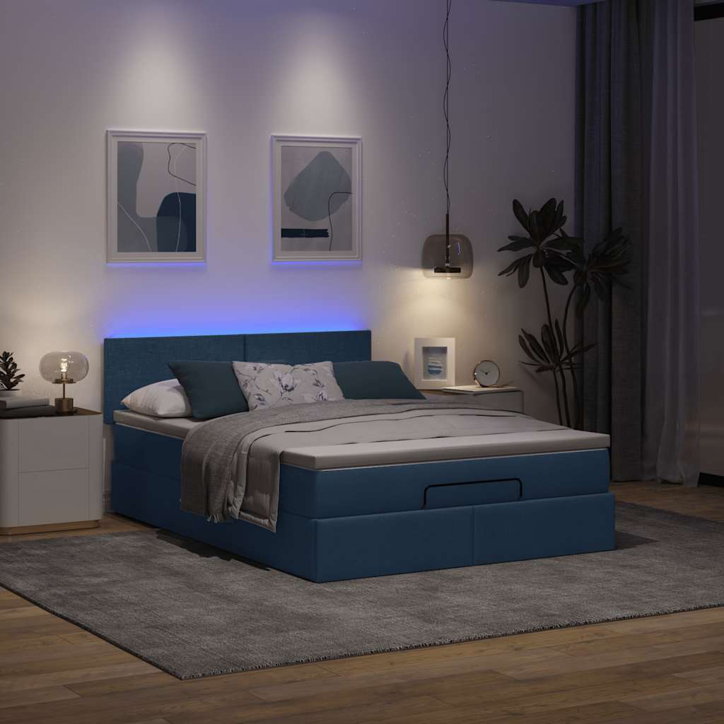 Ottoman säng med madrass och LED-lampor blå 140x190 cm tyg