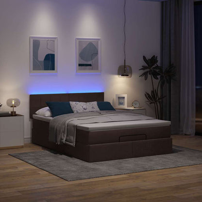 Ottoman säng med madrass och LED-lampor mörkbrun 140x190 cm tyg