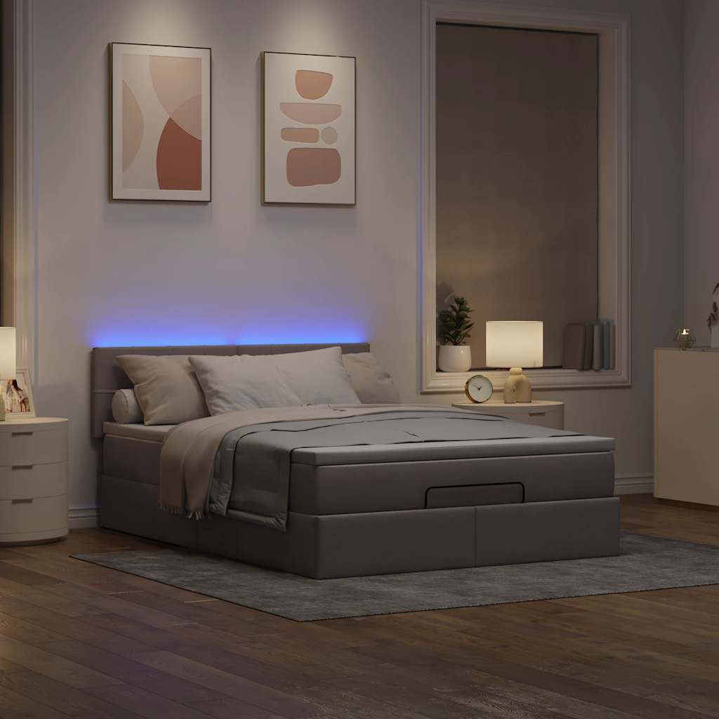 Ottoman säng med madrass och LED-lampor taupe 140x190 cm tyg