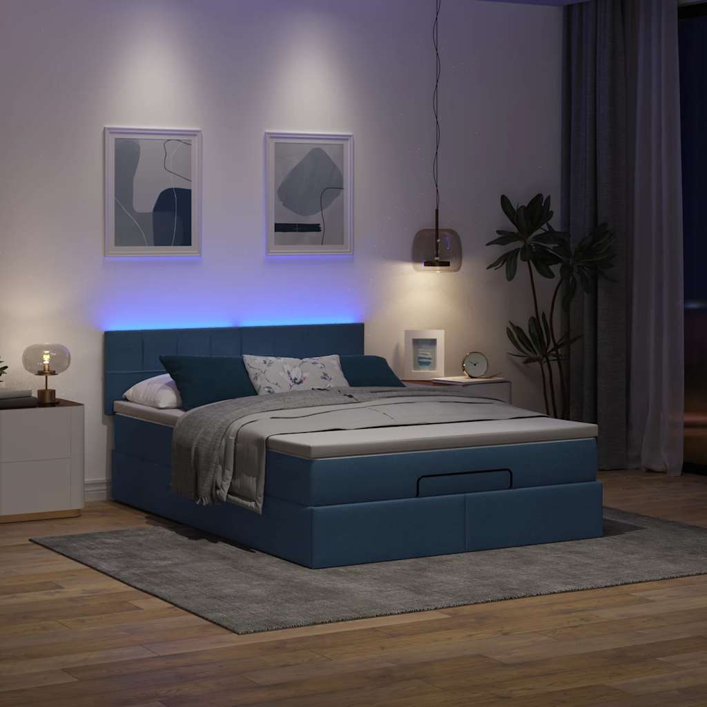 Ottoman säng med madrass och LED-lampor blå 140x190 cm tyg