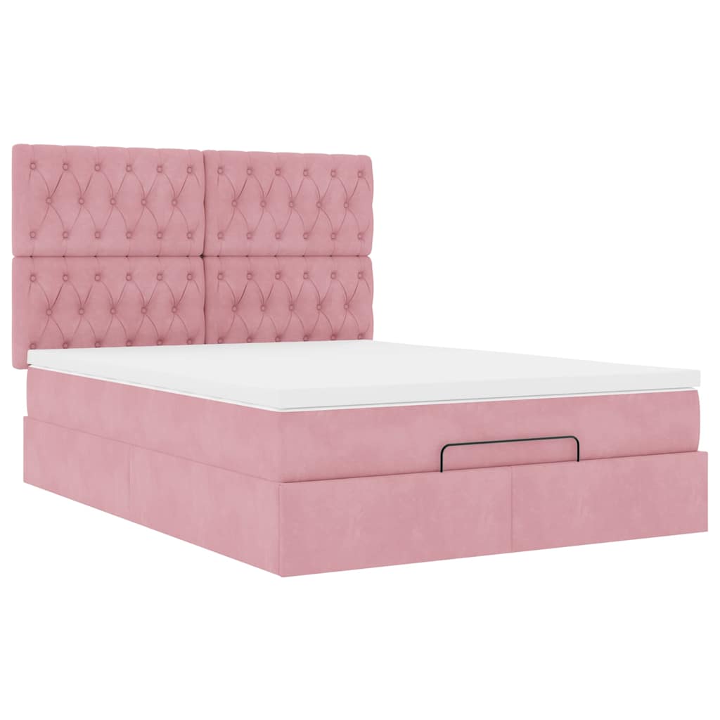 Ottoman sängram med madrasser rosa 140x190 cm sammet