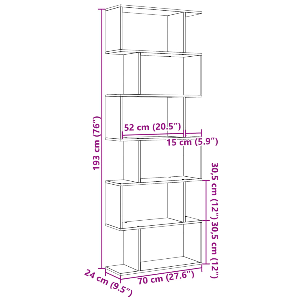 Bokhylla/Rumsavdelare 6 hyllor vit 70x24x193 cm konstruerat trä