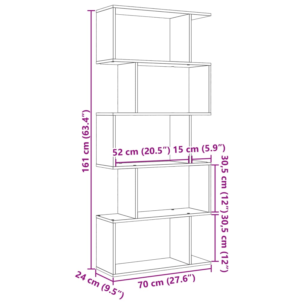 Bokhylla/Rumsavdelare 5 hyllplan 70x24x161 cm konstruerat trä