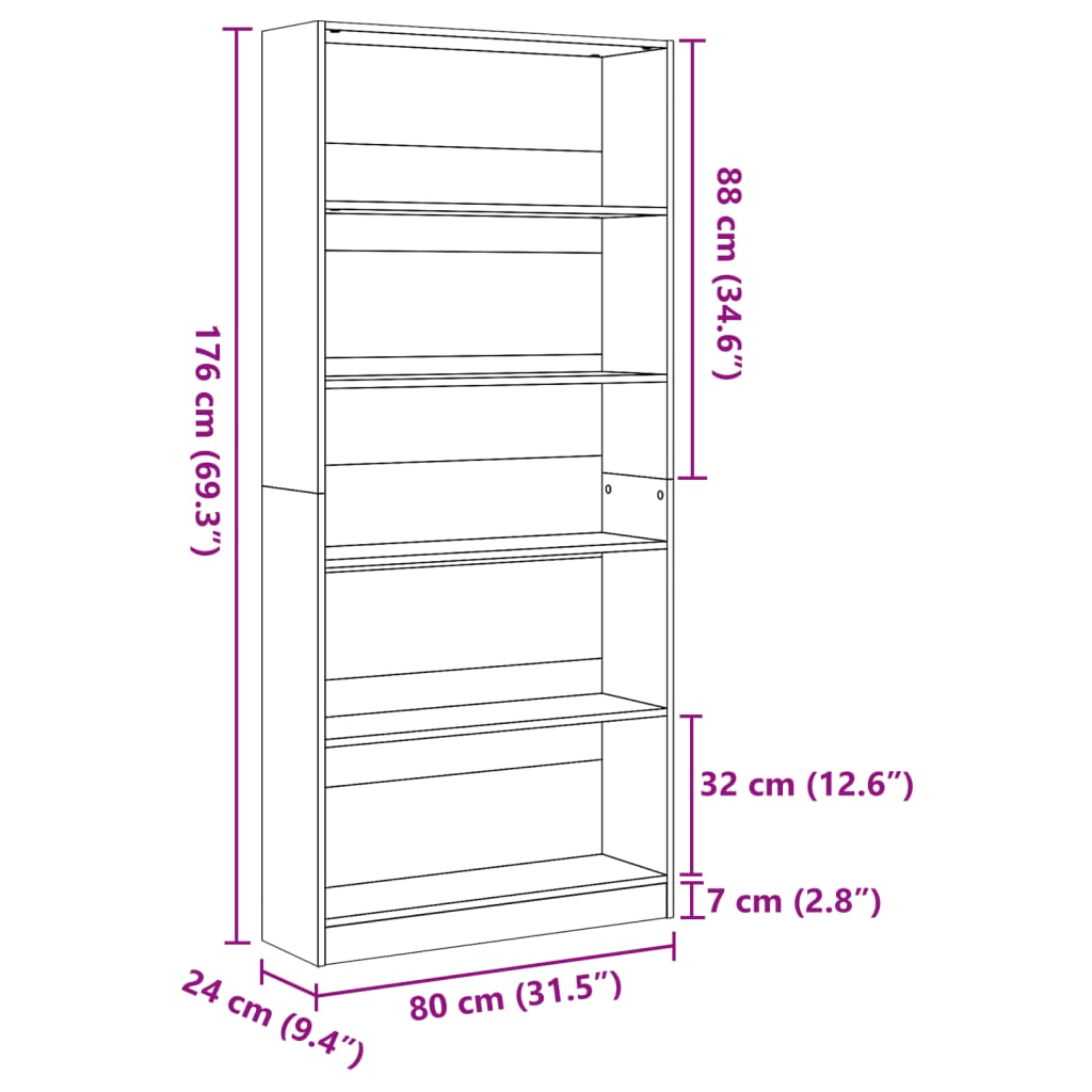 Bokhylla sonoma-ek 80x24x176 cm konstruerat trä