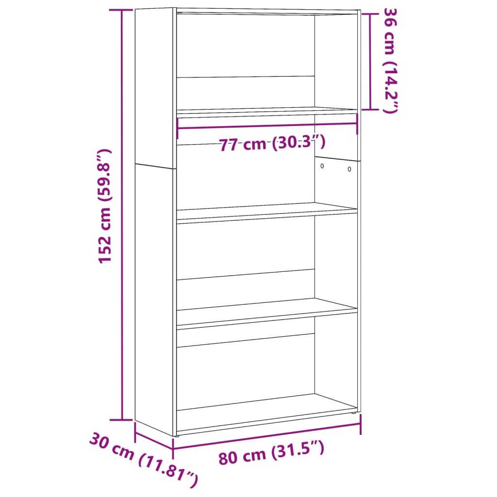 Bokhylla ek 80x30x152 cm konstruerat trä