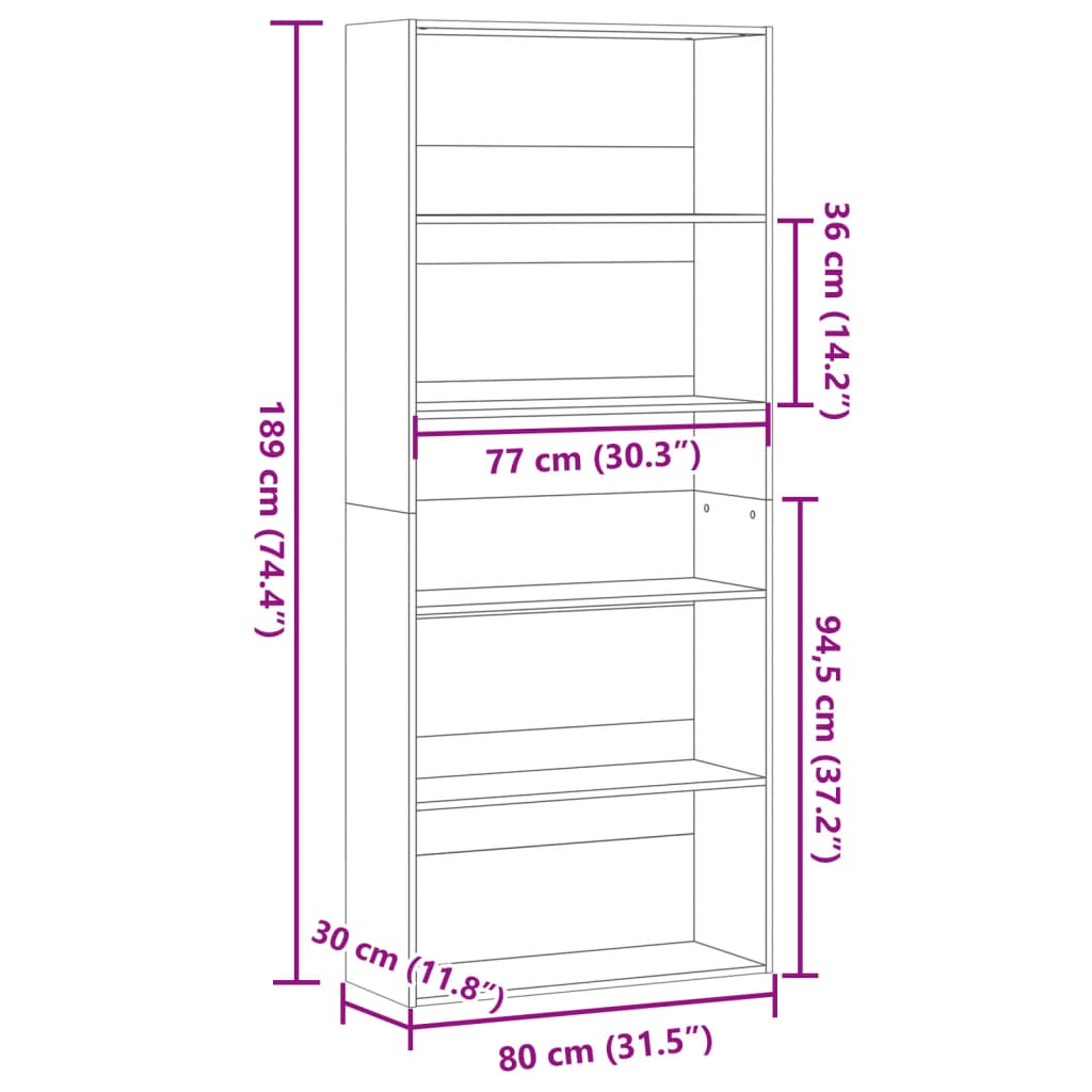 Bokhylla ek 80x30x189 cm konstruerat trä