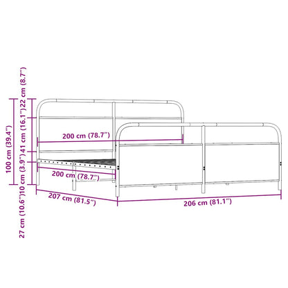 Sängram utan madrass metall rökfärgad ek 200x200 cm
