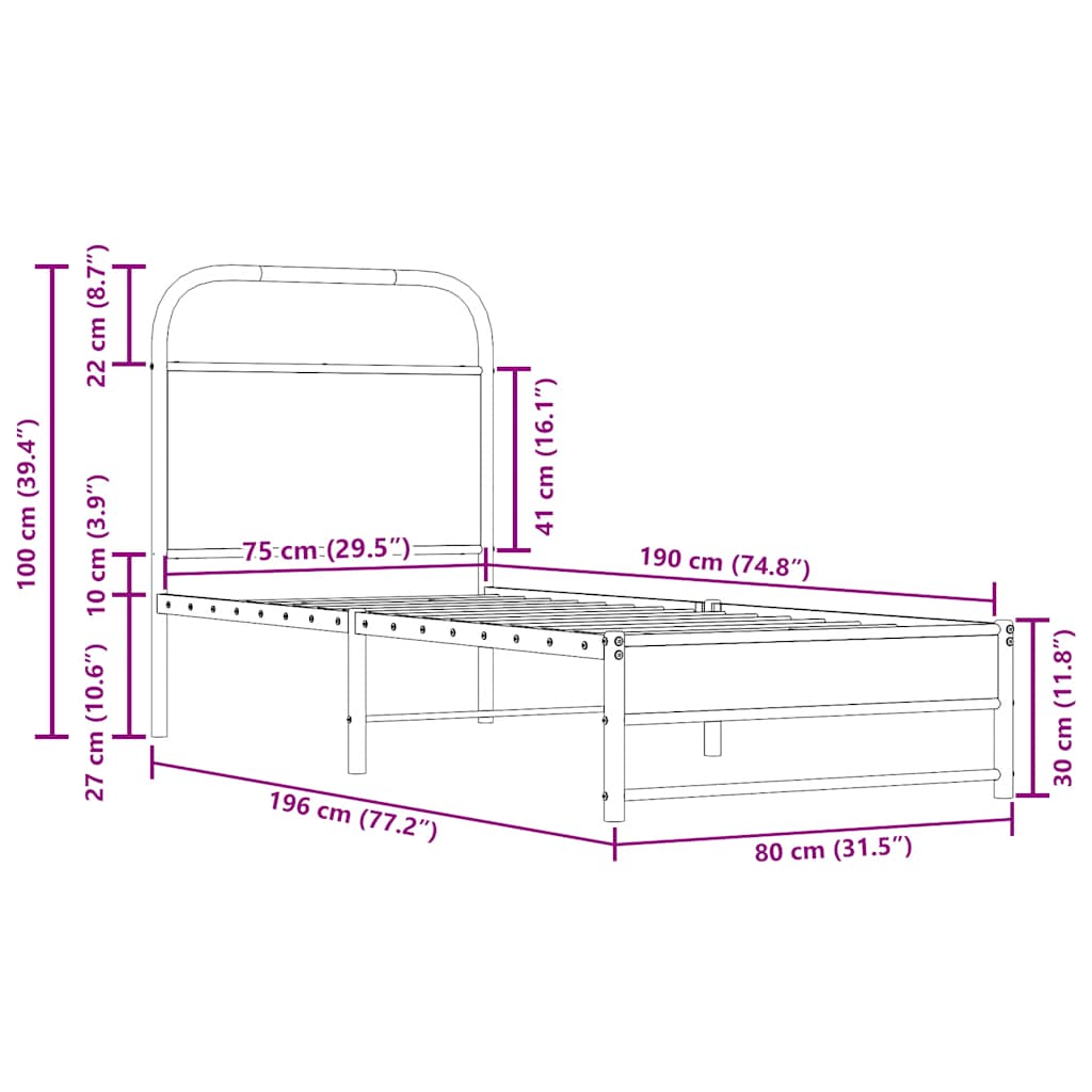 Sängram utan madrass rökfärgad ek 75x190 cm konstruerad trä