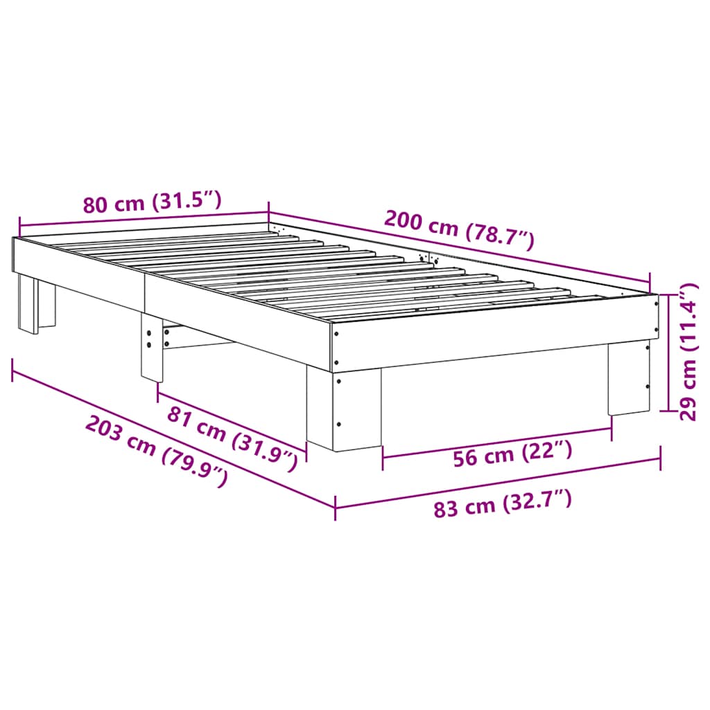 Sängram utan madrass 80x200 cm massivt trä ek