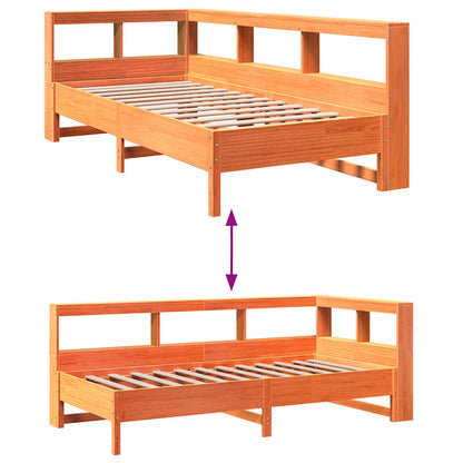 Säng med bokhylla utan madrass vaxbrun 100x200 cm massiv furu