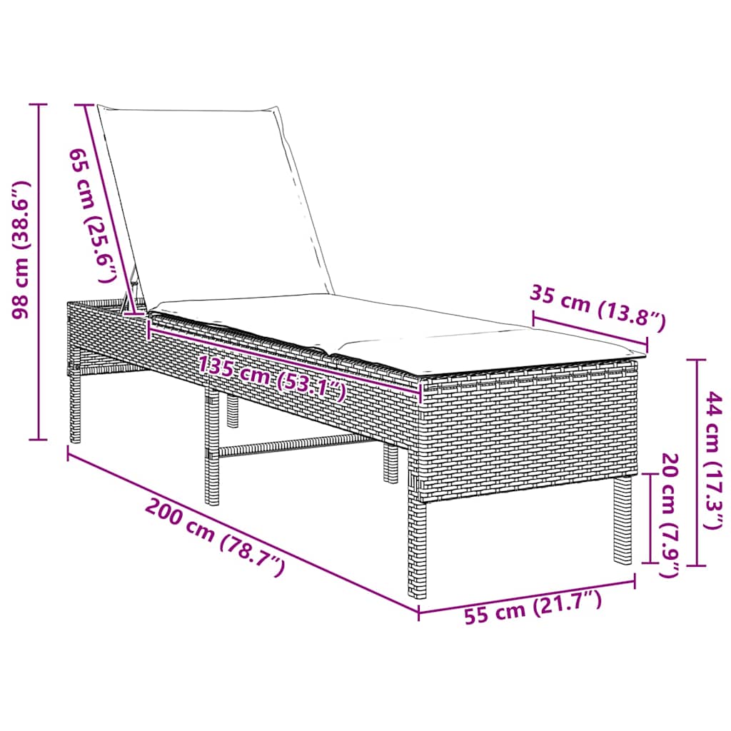 Solstol med dyna svart 55x200x44cm konstrotting