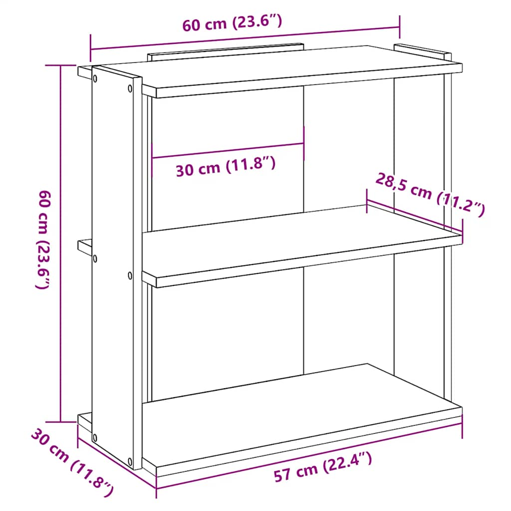 Bokhylla 3 hyllplan betonggrå 60x30x60 cm konstruerat trä