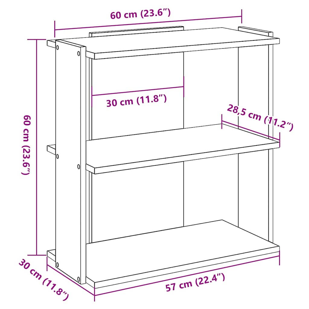 Bokhylla 3 hyllplan gammalt trä 60x30x60 cm konstruerat trä