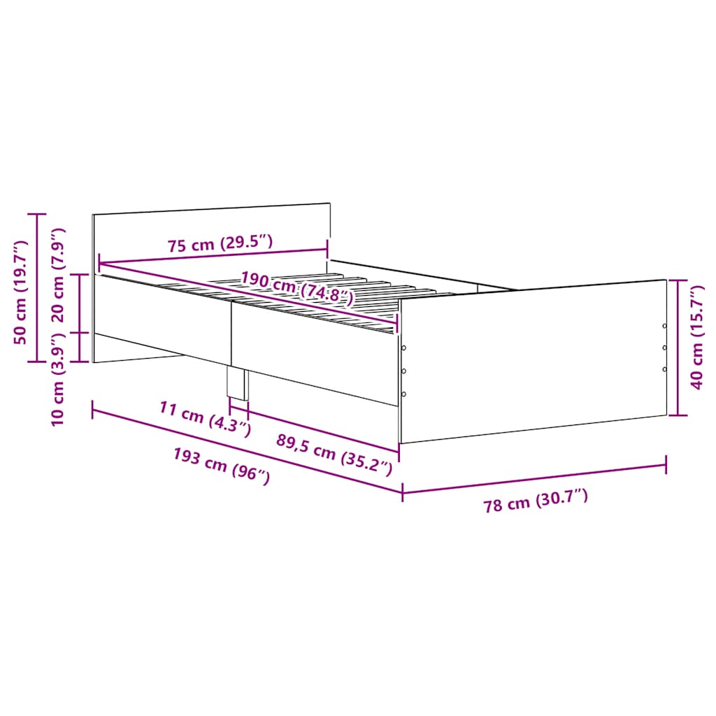 Sängram utan madrass hantverksmässig ek 75x190 cm