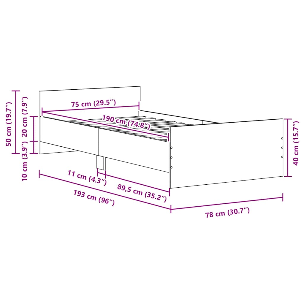 Sängram utan madrass svart ek 75x190 cm konstruerat trä