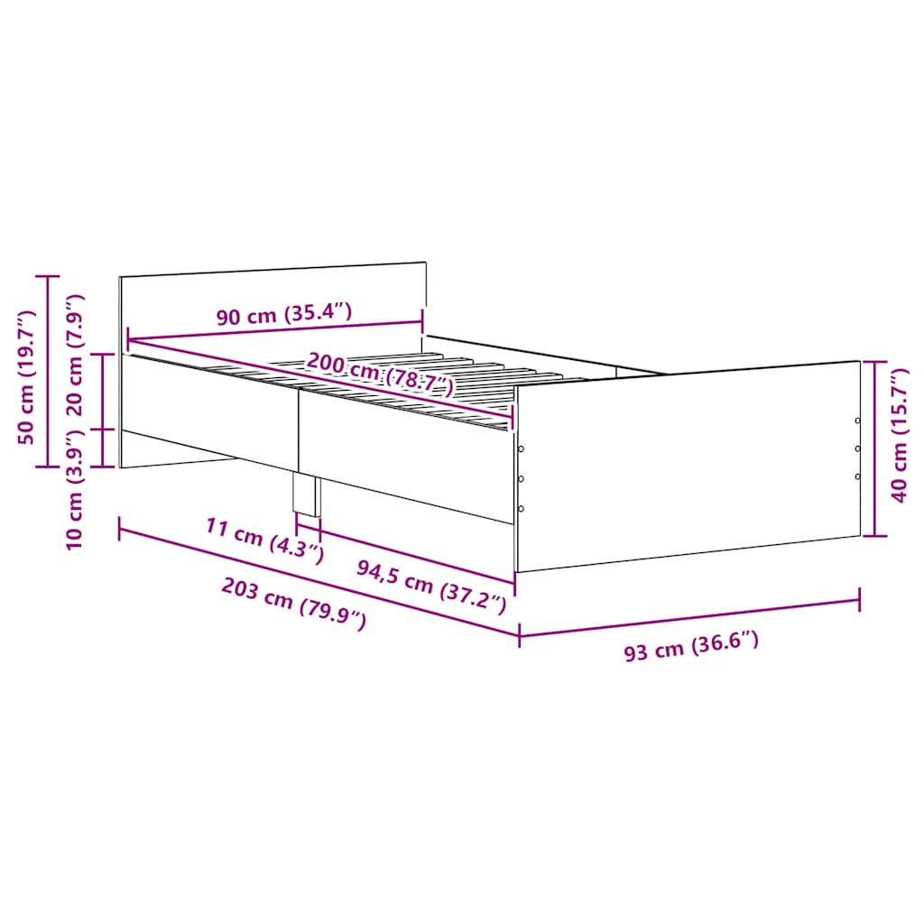 Sängram utan madrass svart ek 90x200 cm konstruerat trä