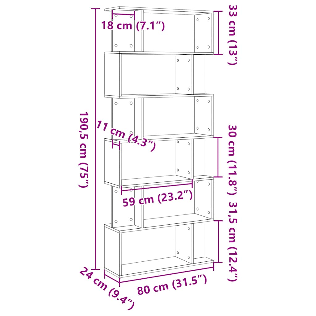 Bokhylla svart ek 80x24x190,5 cm konstruerat trä