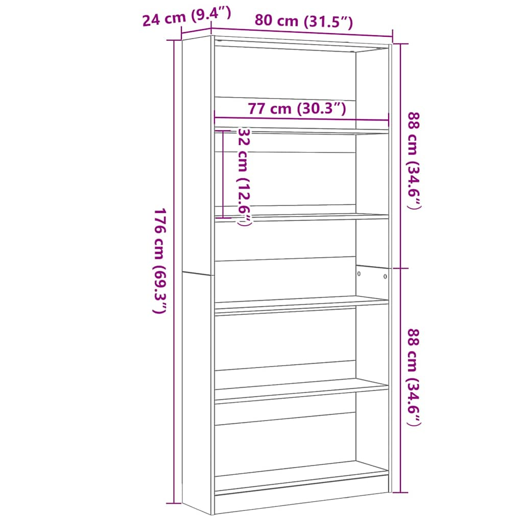 Bokhylla svart ek 80x24x176 cm konstruerat trä