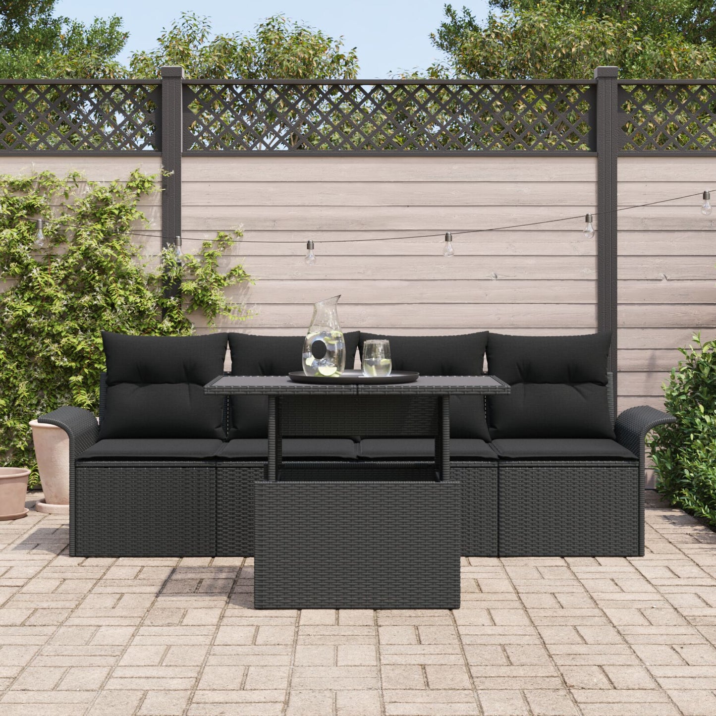 5 Delars Trädgårdsoff Set med Kuddar Svart Poly Rattan