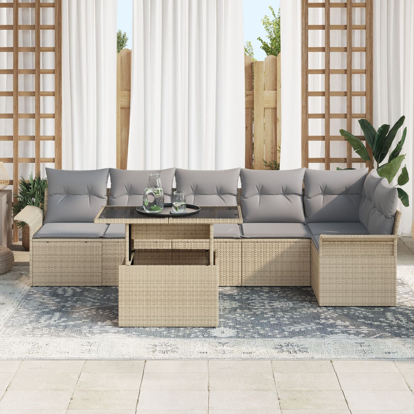 7-delat trädgårdsoffset med kuddar beige poly rotting