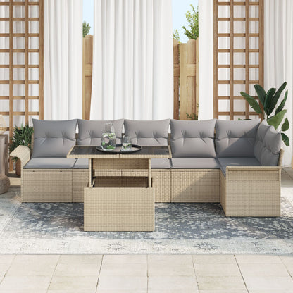 7-delat trädgårdsoffset med kuddar beige poly rotting