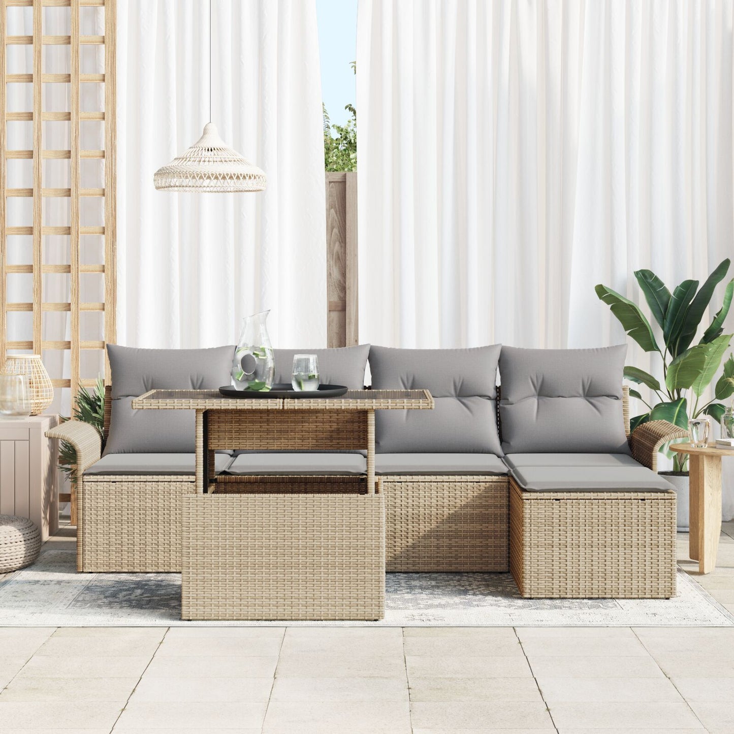 6-delat Trädgårdsoffset med kuddar Beige Poly Rattan