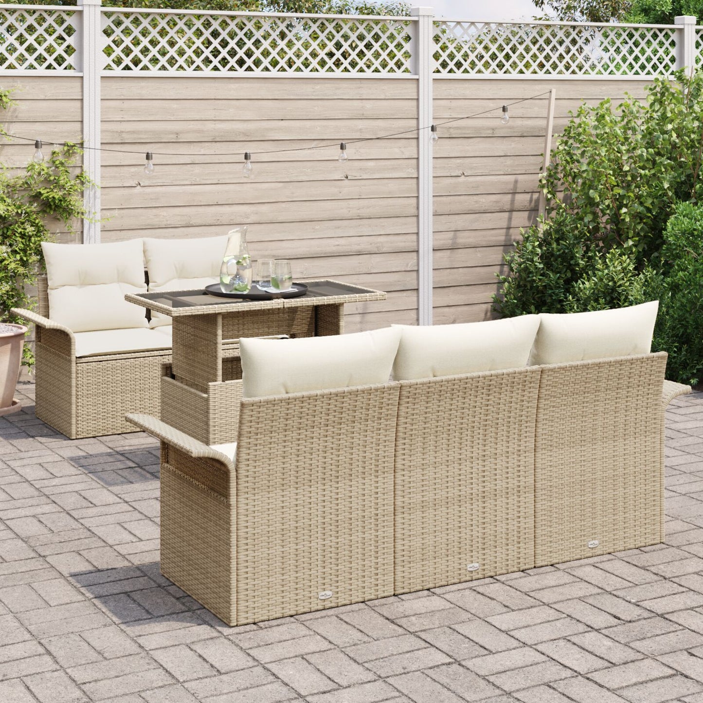 6-delars trädgårdssoffasats med kuddar beige poly rotting