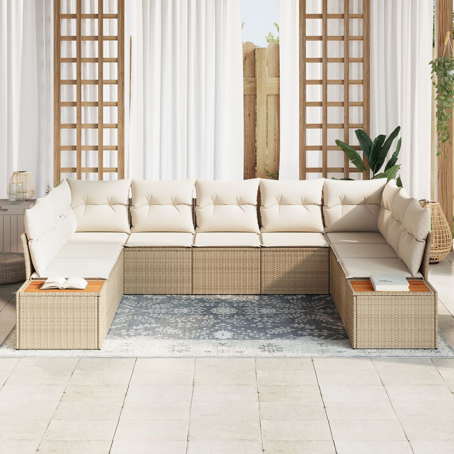 9-delat trädgårdsoffaset med kuddar beige poly konstrotting akacia