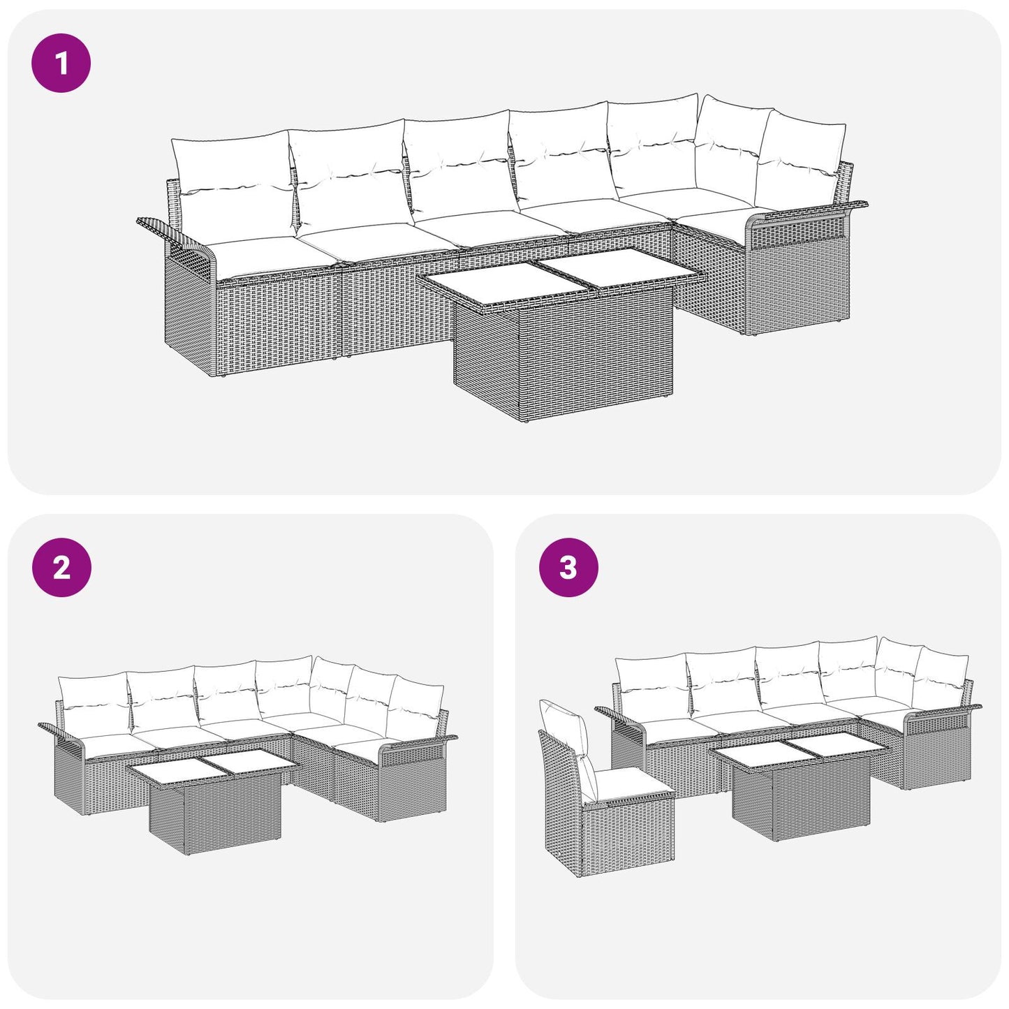 7-delat trädgårdsoffset med kuddar beige poly rotting