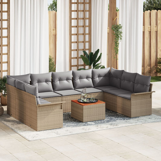 10 Delars Trädgårdsoff-set med kuddar Beige Poly Rattan Akacia