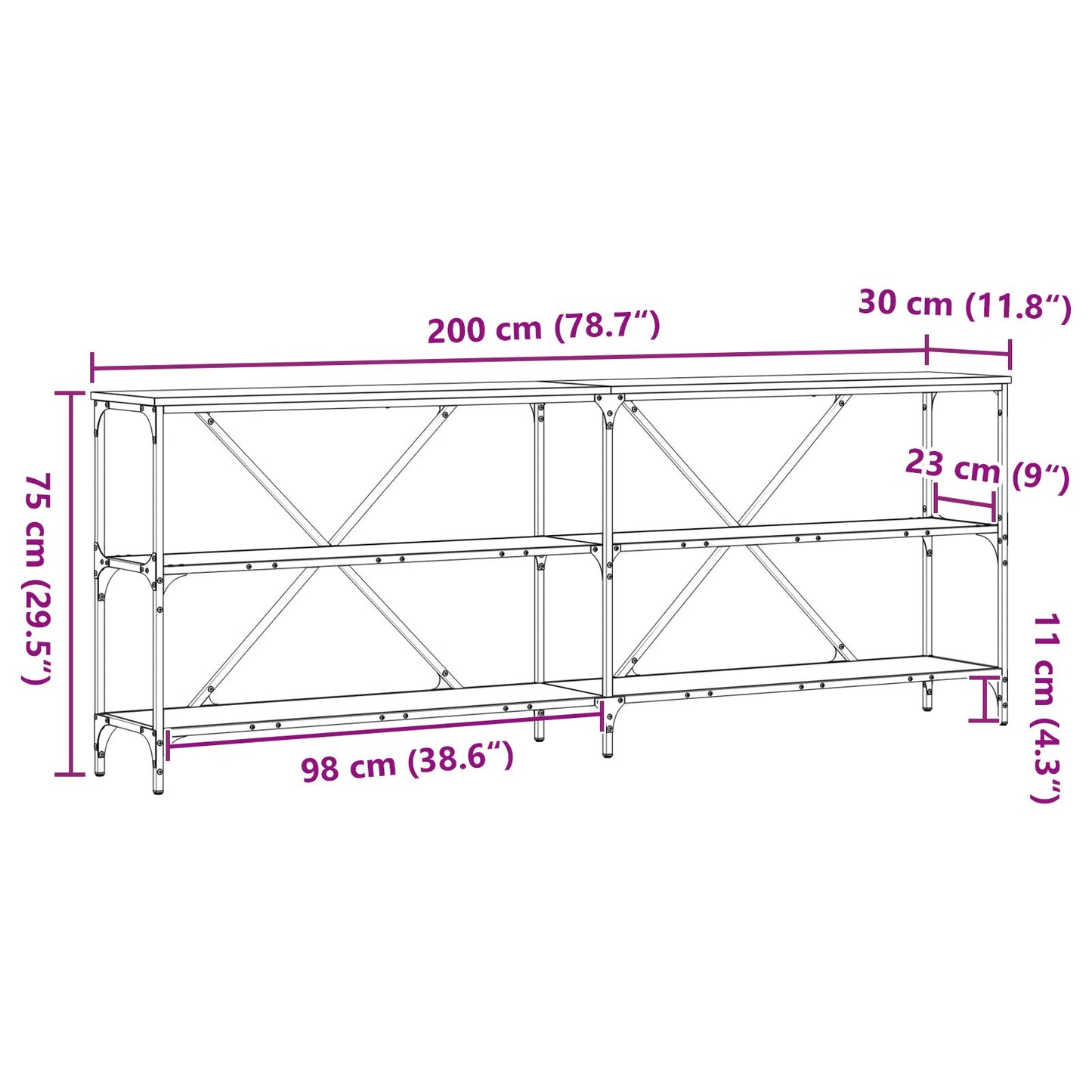 Console Table Svart Ek 200x30x75 cm Konstruerat Trä och Stål