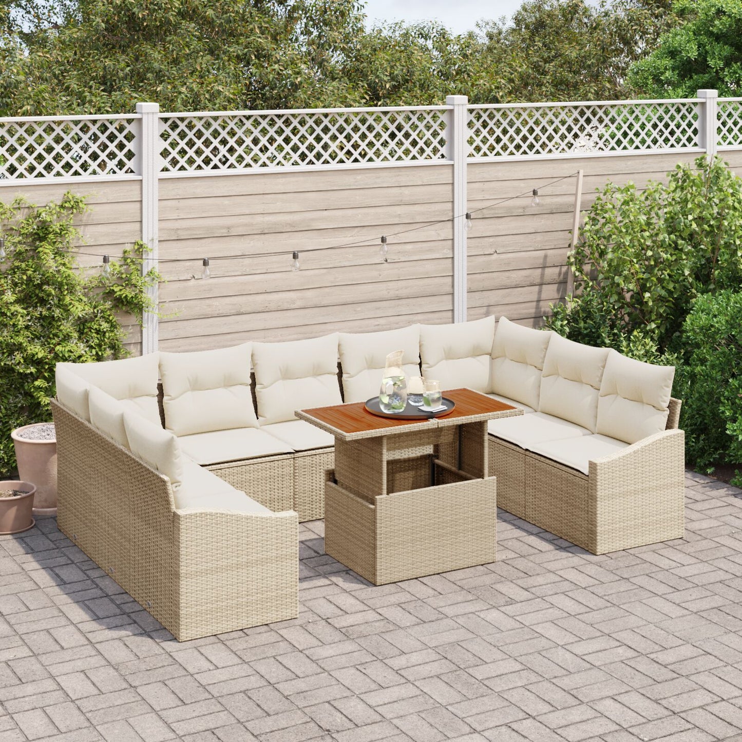 10-delars Trädgårds matsalsgrupp med kuddar Beige Poly Rattan Akacia