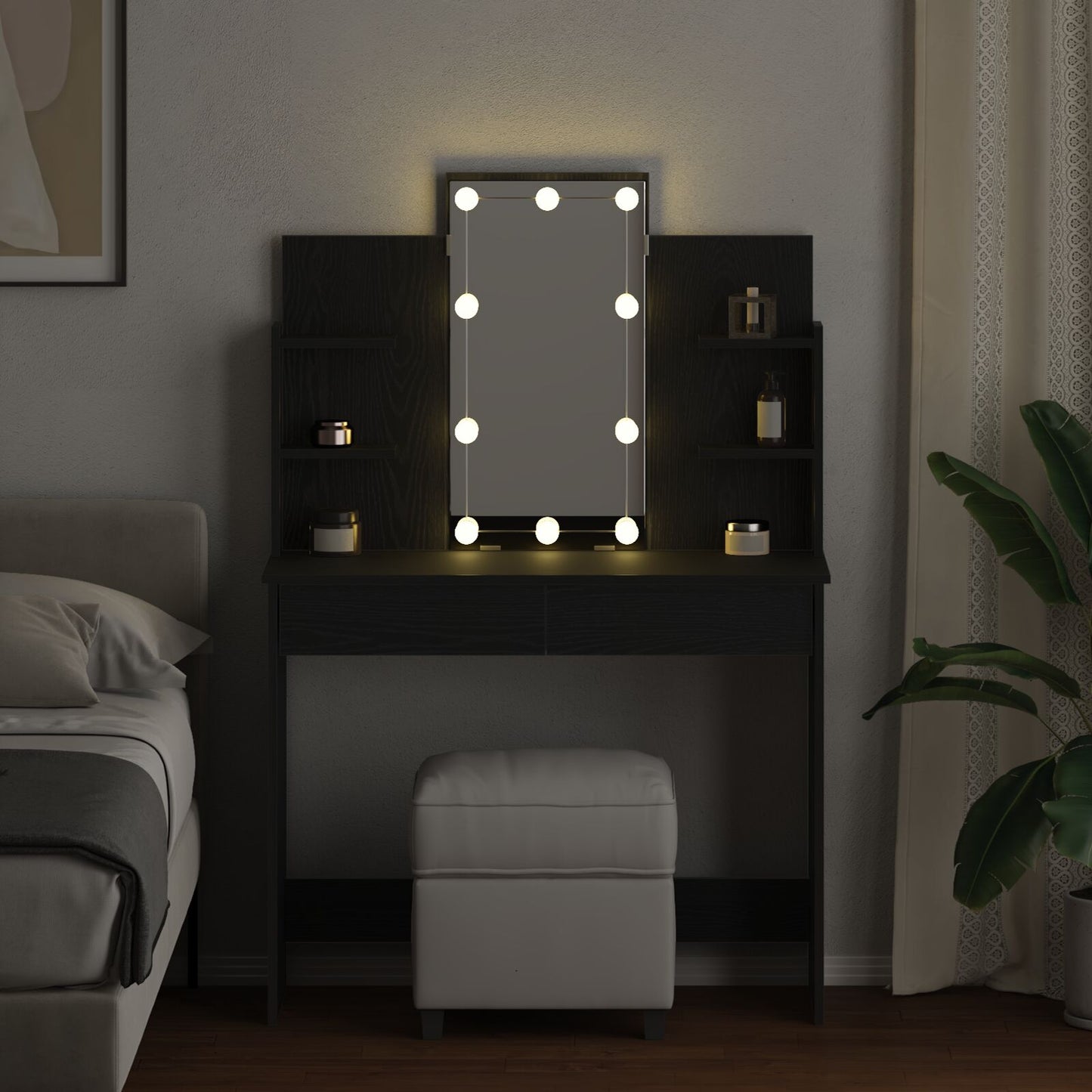 Sminkbord med LED-lampor Svart Ek 96x40x142 cm