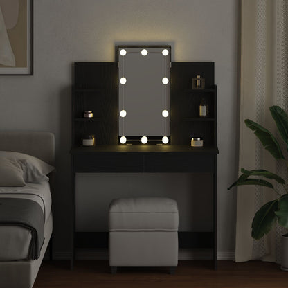 Sminkbord med LED-lampor Svart Ek 96x40x142 cm