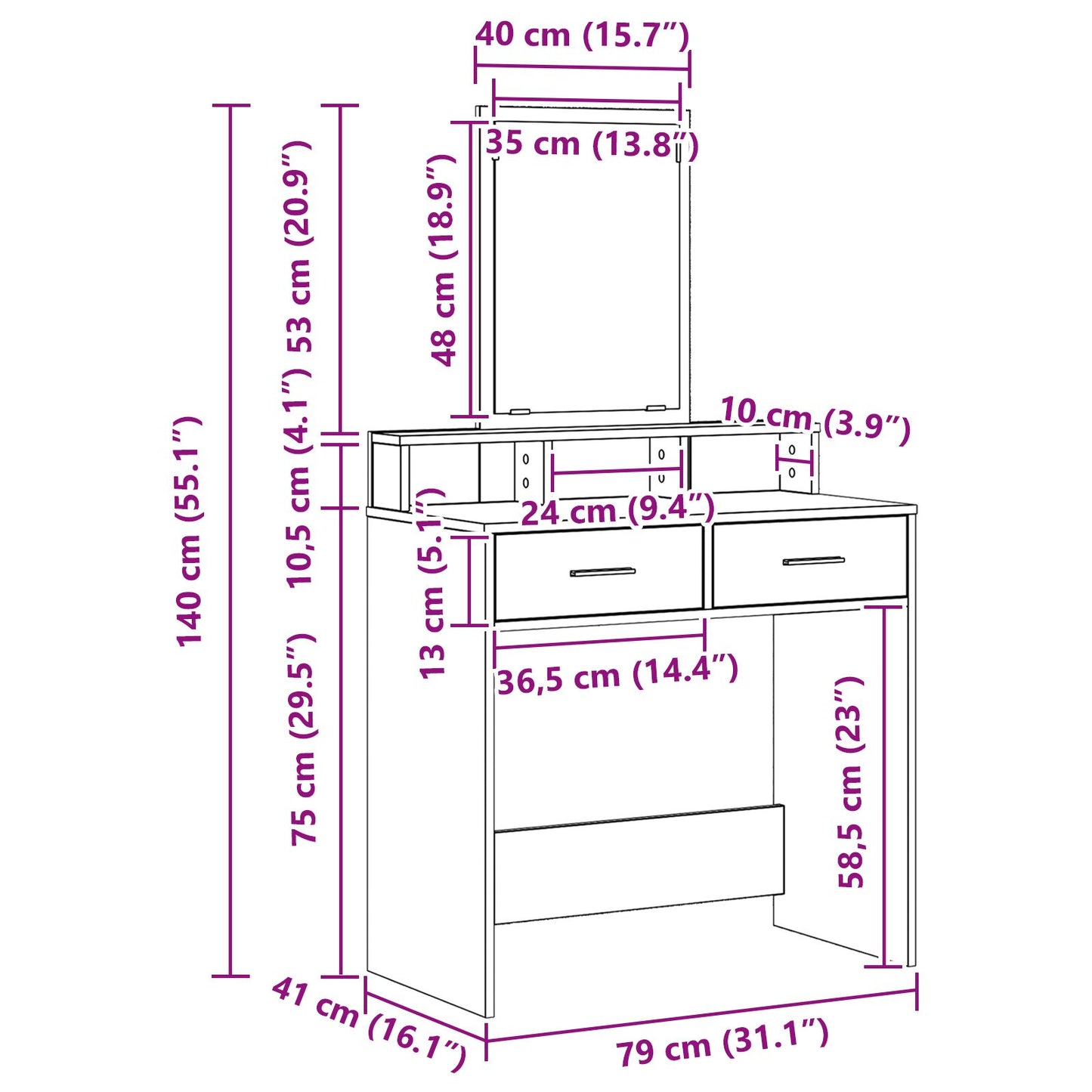 Sminkbord Svart ek MDF och glas 79 x 41 x 140 cm Sminkbord