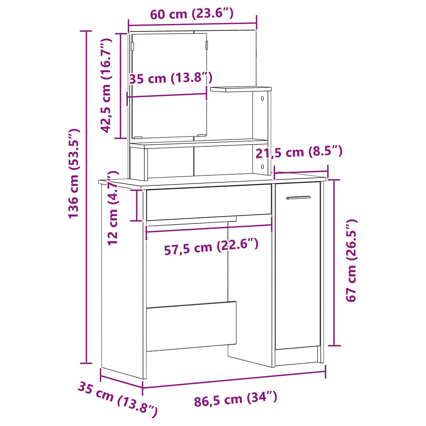 Svart Ek Sminkbord med Spegel - 86,5 x 35 x 136 cm