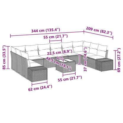 11-delad trädgårdsoff set med kuddar beige poly rattan