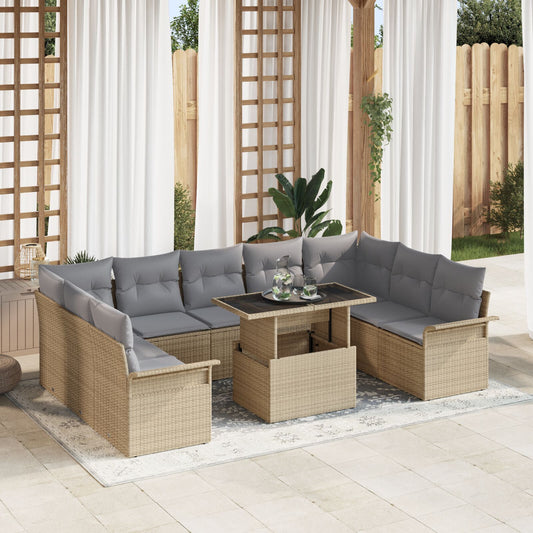 10 Delars Trädgårdsoffset med Kuddar Beige Poly Rattan