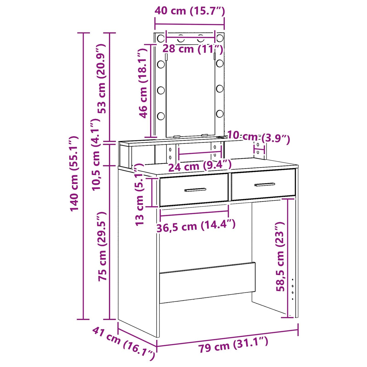 Sminkbord med LED-lampor, Brun Ek, 79x41x140 cm
