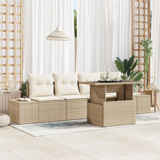 5-delat trädgårdsoffaset med kuddar beige poly rotting