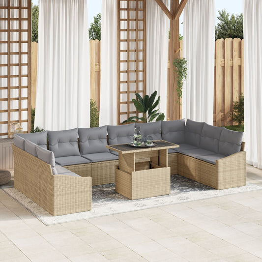 11 Delar Trädgårdsoffset med Kuddar Beige Poly Rattan